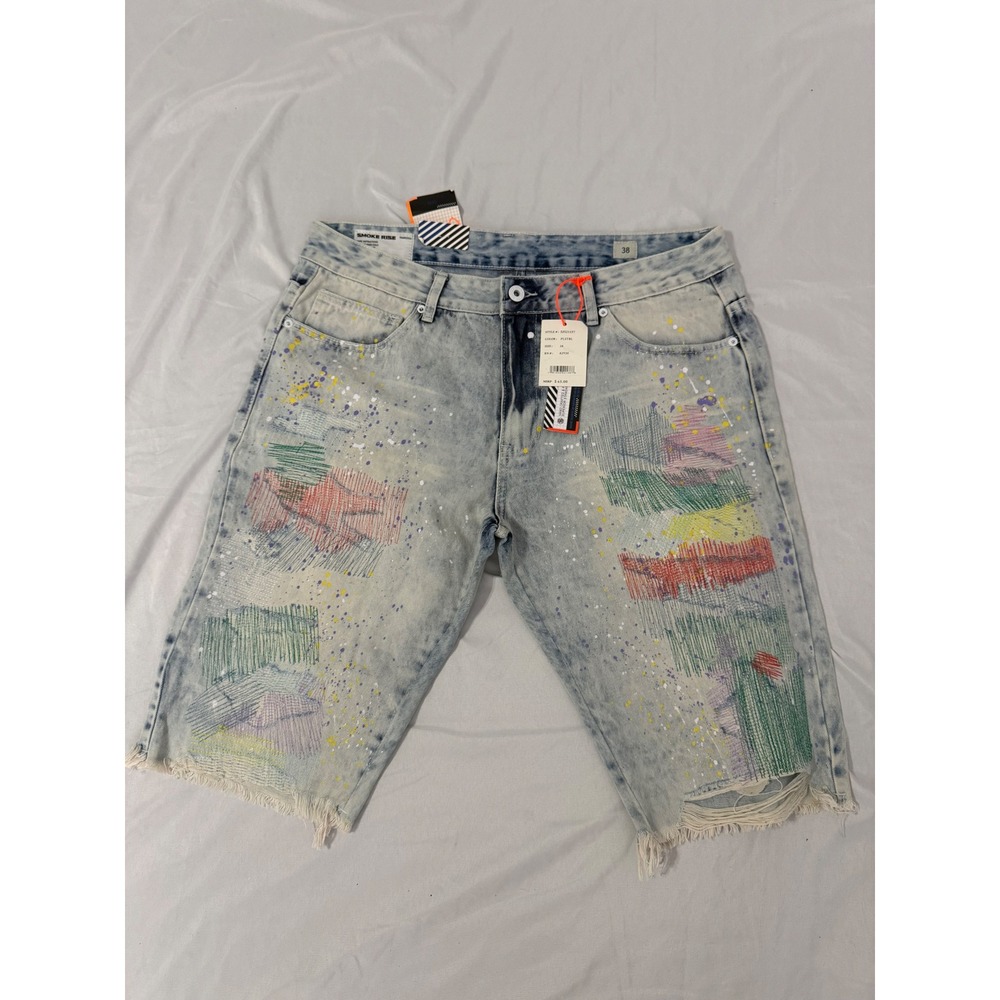 Smoke Rise Mens Paint Splatter Embroidered Distressed Denim Shorts Size 38 NWT